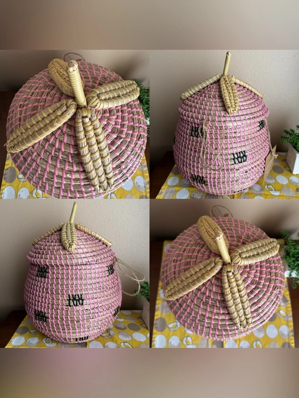 Large wicker coiled strawberry basket with lid